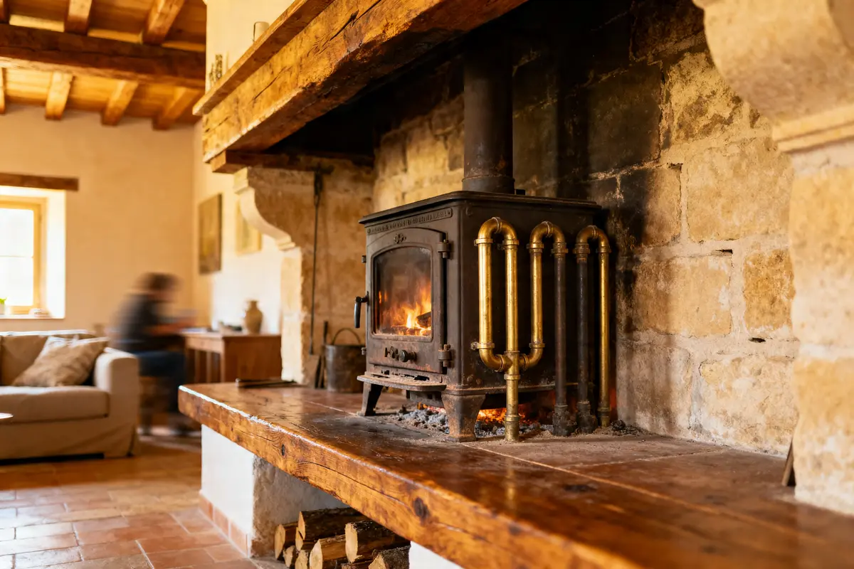 Insert cheminée ancienne dans un salon rustique avec poêle à bois encastré flamboyant