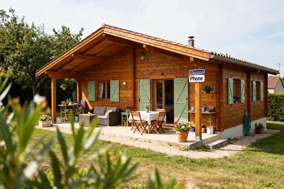 Maison clé en main en bois avec terrasse aménagée et jardin verdoyant