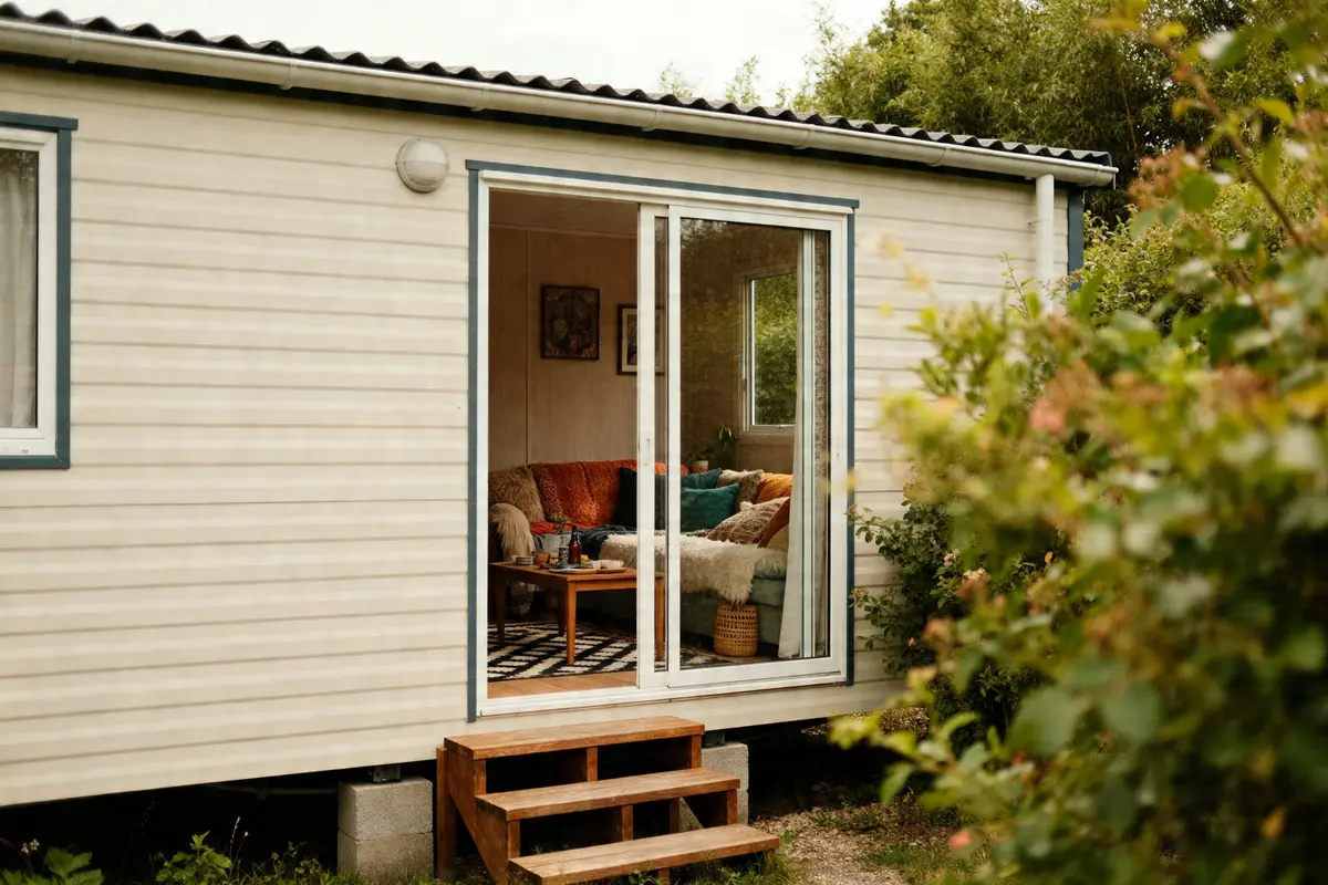 Intérieur cosy visible depuis l'extérieur d'une maison en préfabriqué entourée de verdure