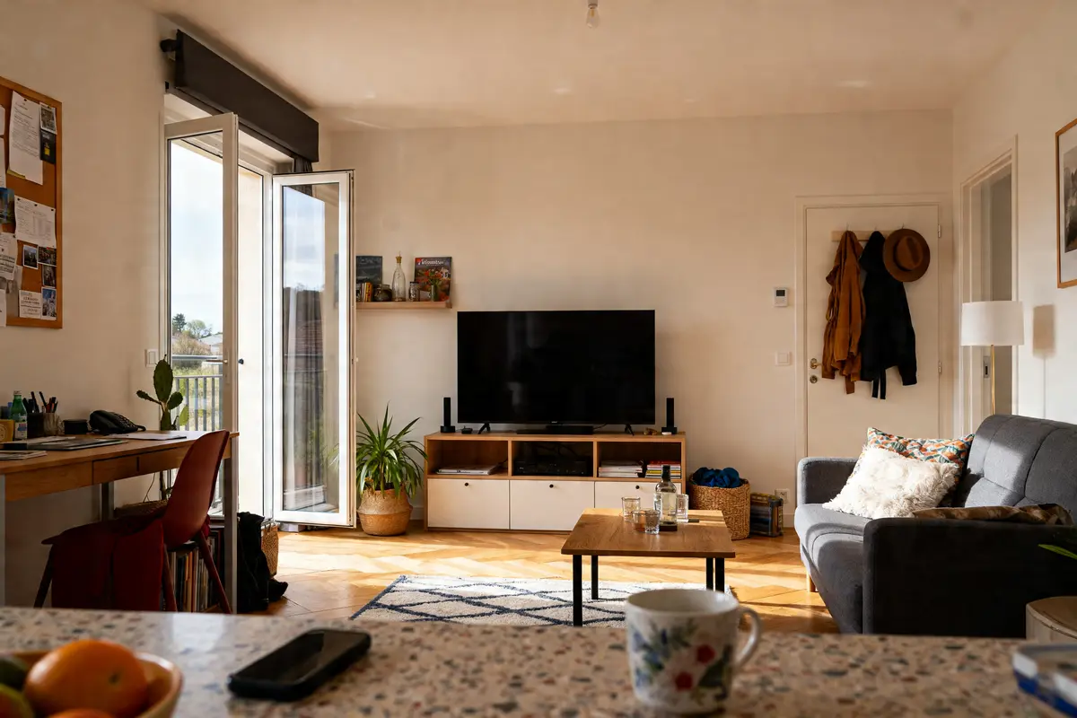 Salon lumineux avec télévision et canapé illustrant le prix maison 100m2 clé en main