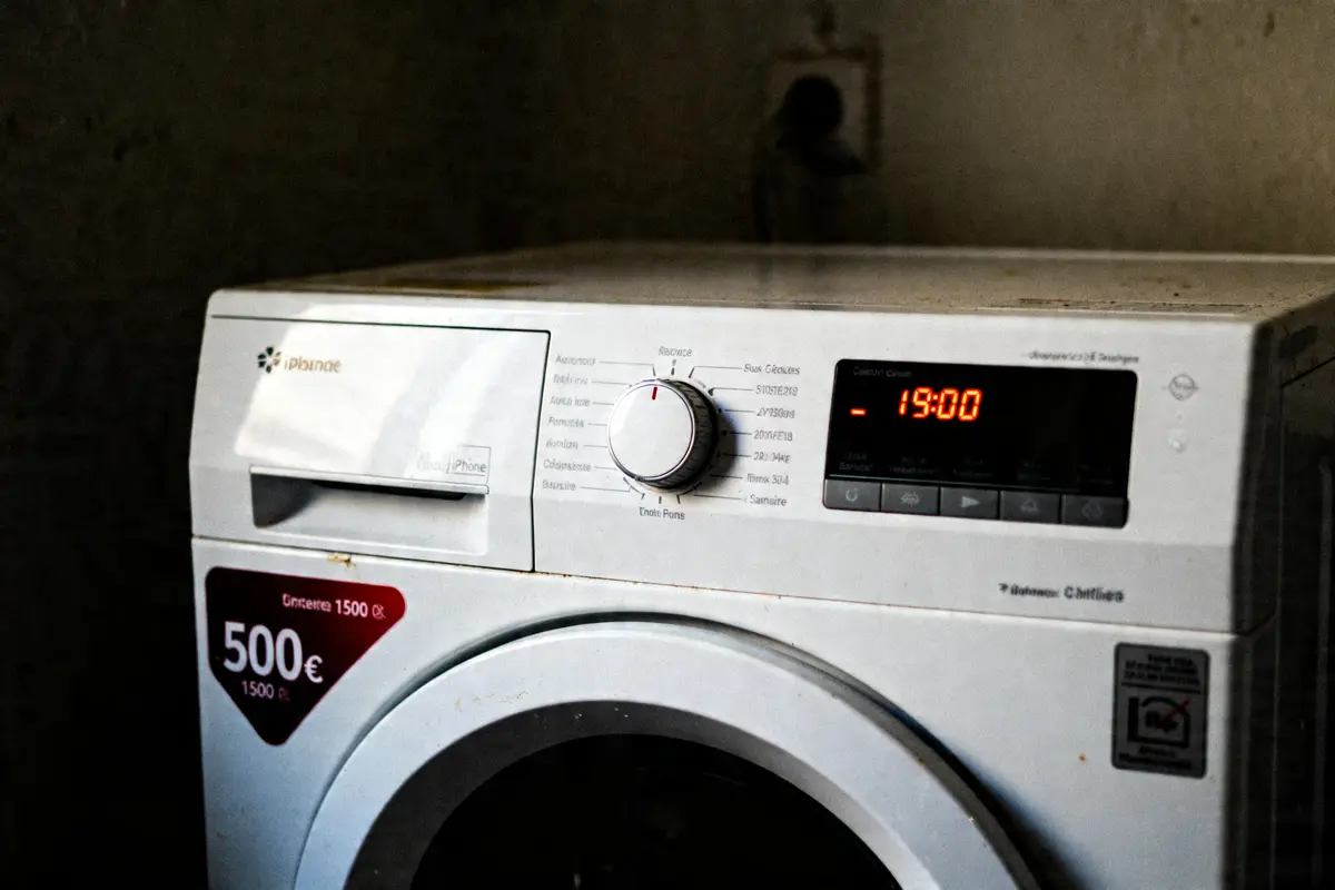 Sèche-linge pompe à chaleur avec affichage électronique et inconvénient d'encombrement visible.