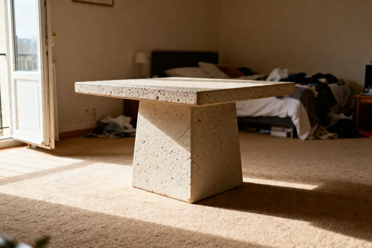 Table céramique dans une chambre en désordre, inconvénient d'un style imposant en intérieur