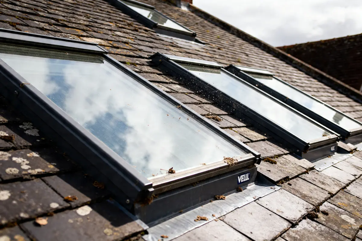 Toit en ardoise avec trois fenêtres Velux illustrant la taille des velux standardisées