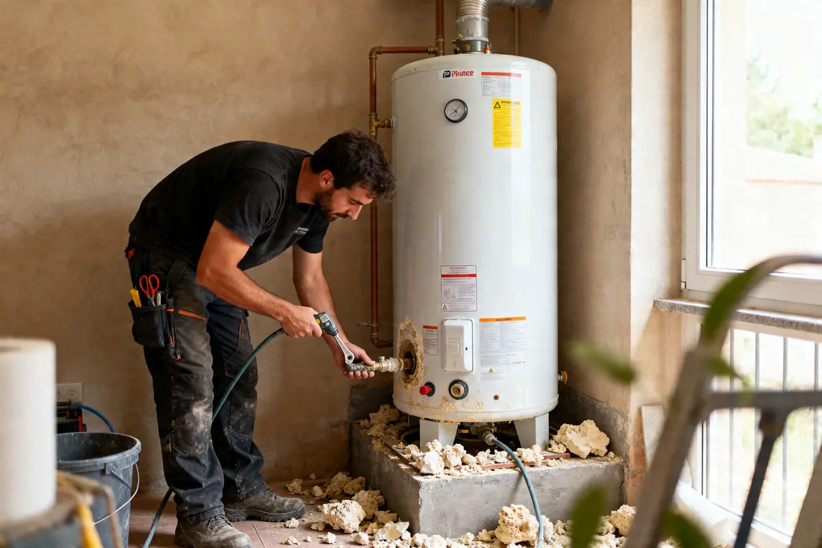 Technicien effectuant la vidange chauffe eau avec outils et tuyau sur site encombré