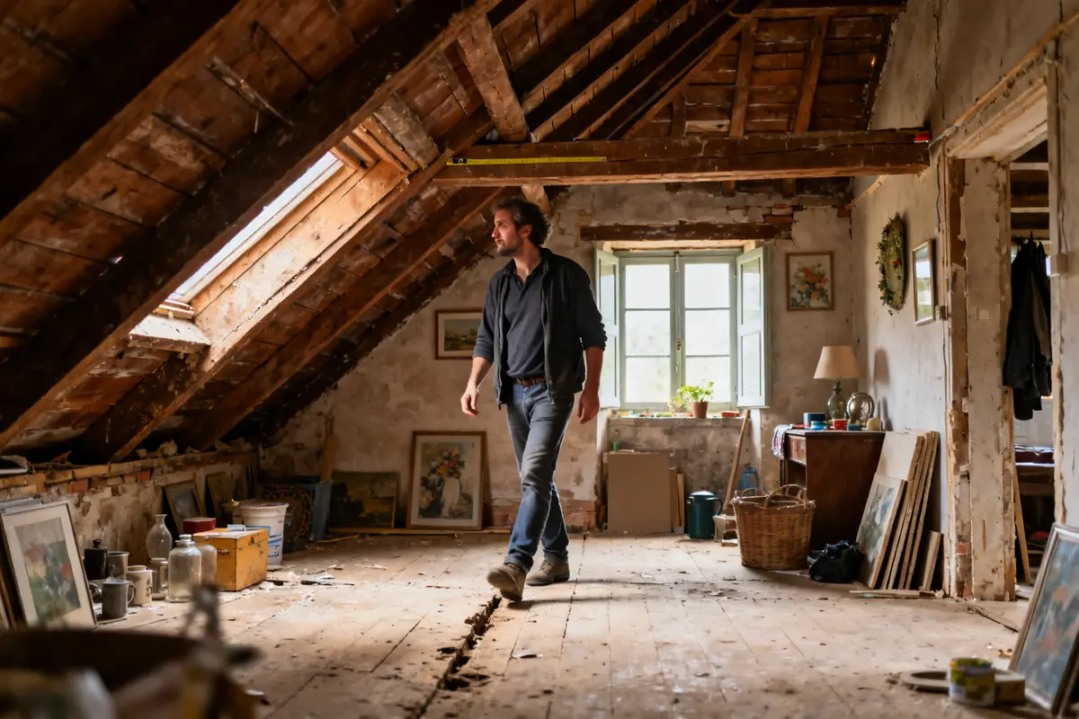 Homme explorant un grenier rustique pour aménager des combles perdues avec style et efficacité