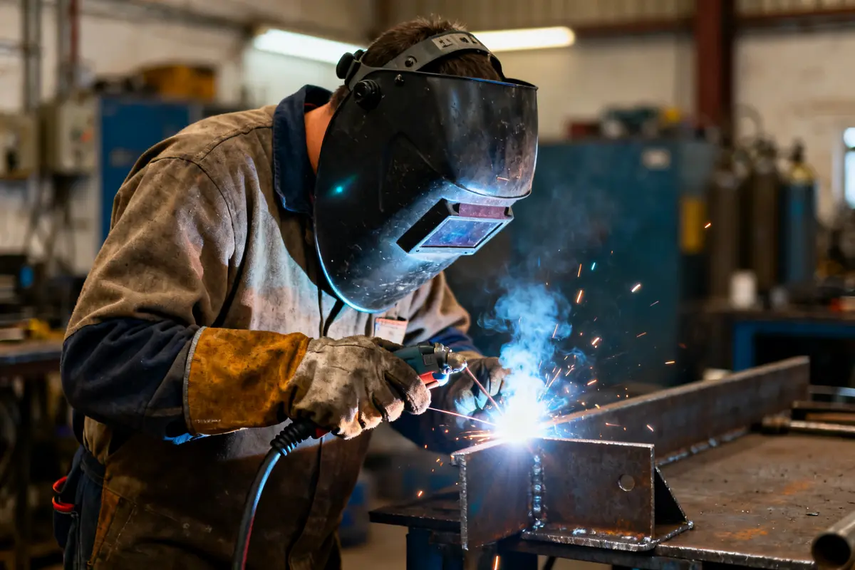 Soudeur utilisant un arc à souder avec casque de protection dans un atelier industriel