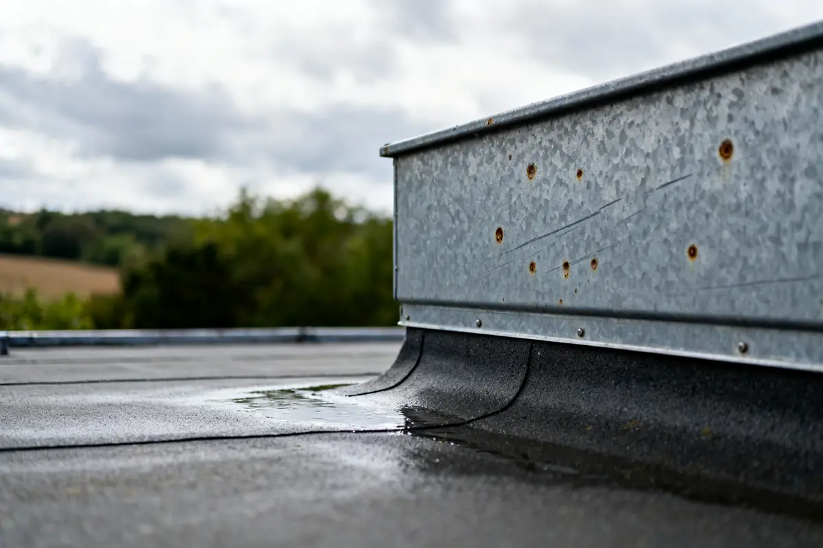Surface d'un bac acier toit plat avec accumulation d'eau sur jointure métallique