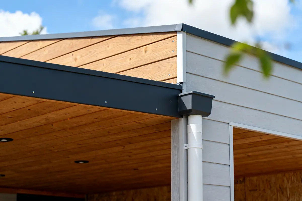 Toit terrasse moderne avec bardage et clin en bois et aluminium sous ciel bleu
