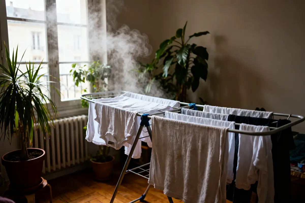 Sèche-linge intérieur et plantes démontrent comment humidifier une pièce efficacement avec linge humide