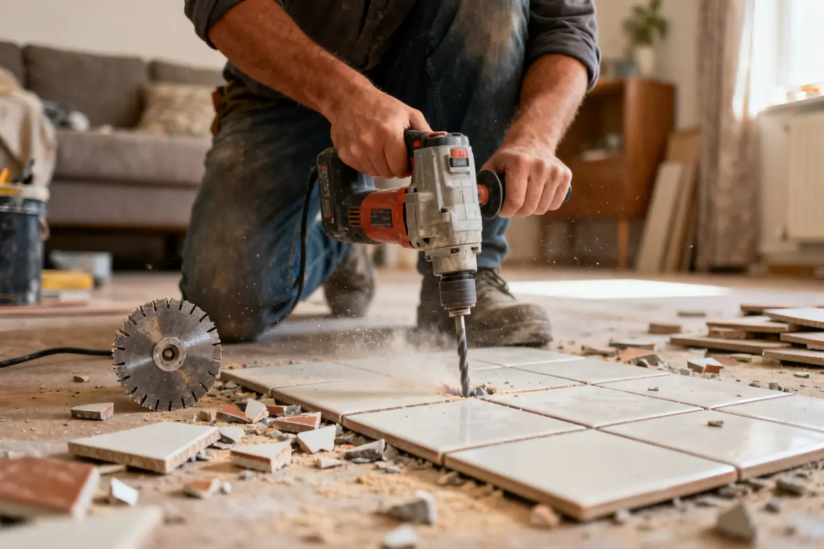 Un homme perce un carrelage avec une perceuse électrique sur un sol intérieur