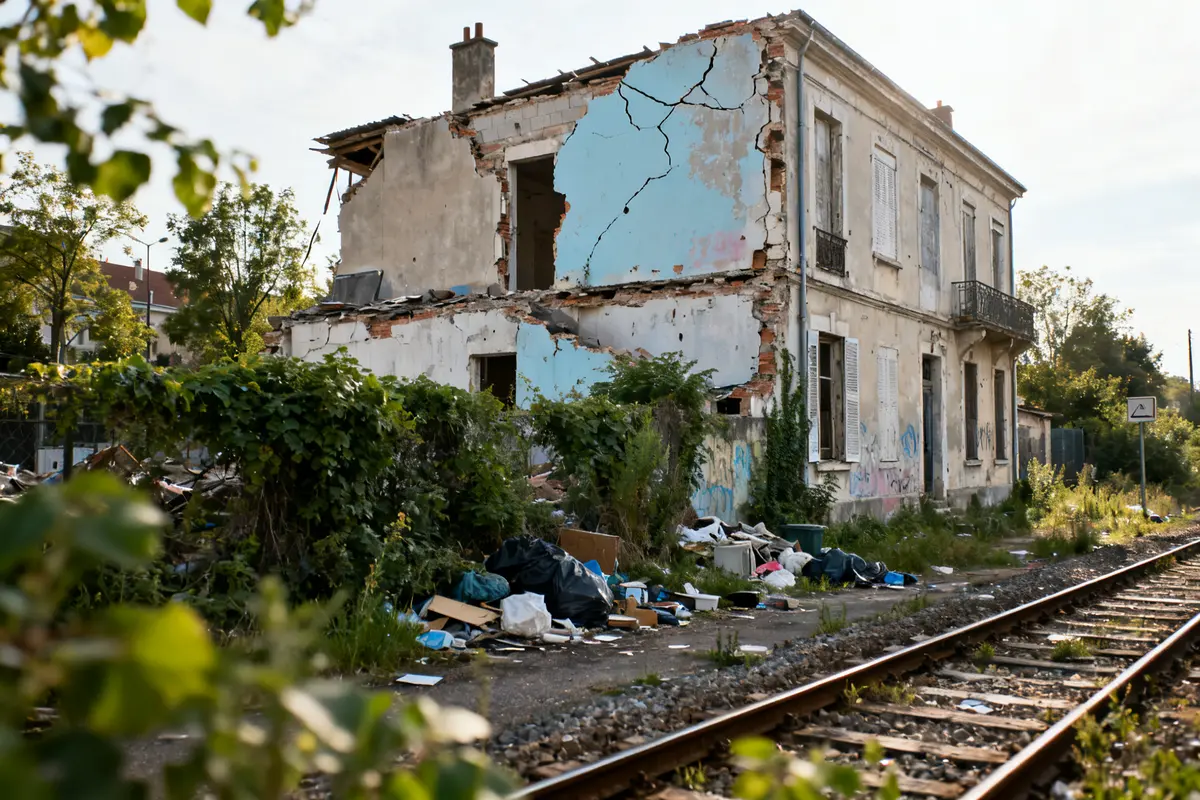 Maison délabrée proche des rails, construction illégale de plus de 10 ans, végétation envahissante