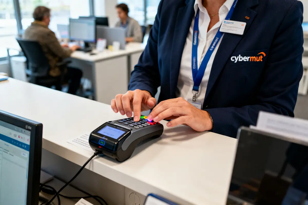 Personne en veste cybermut utilisant un terminal de paiement au bureau moderne
