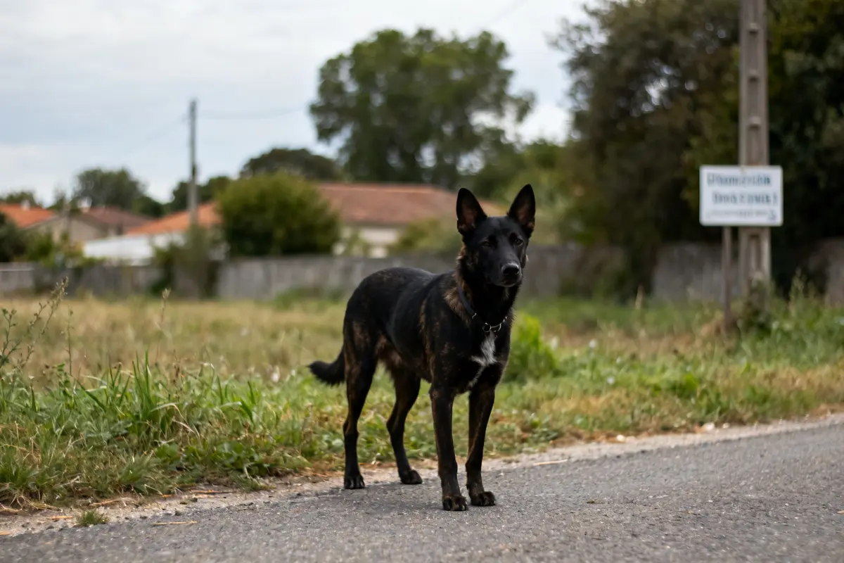 Chien noir sur route de campagne avec un devis de travaux Habitatpresto en arrière-plan