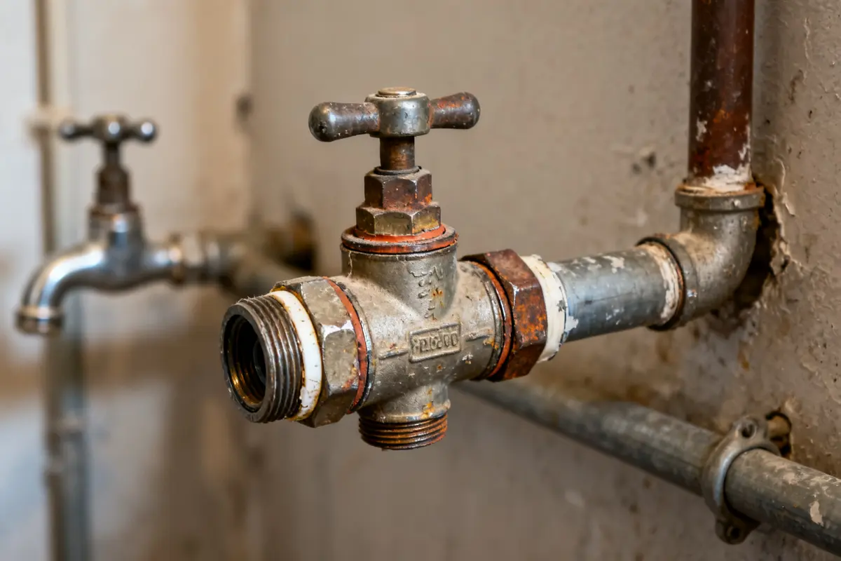 Réducteur de pression d'eau rouillé montrant une durée de vie limitée par la corrosion