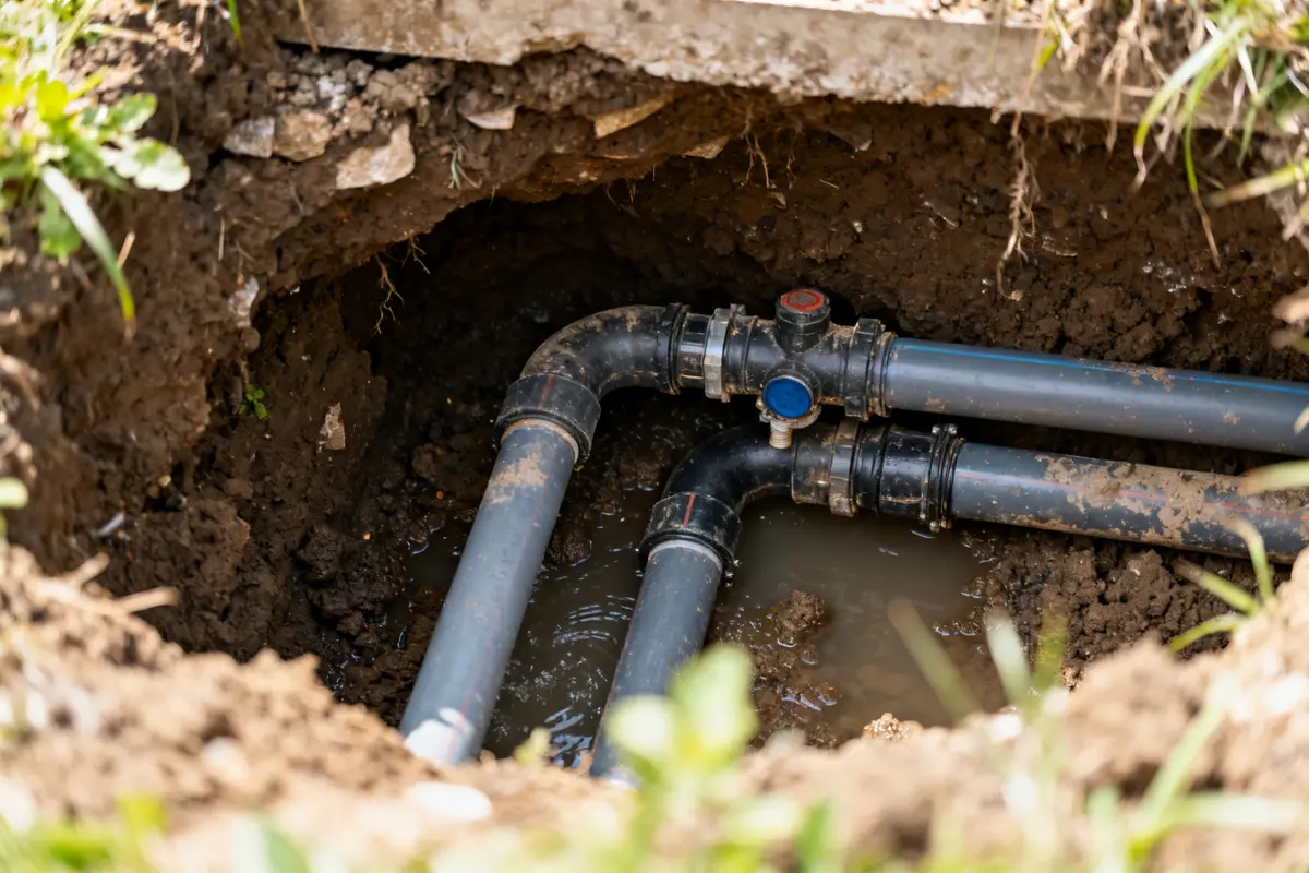 Tuyaux pour épandage fosse septique enterrés dans la terre avec raccords apparents