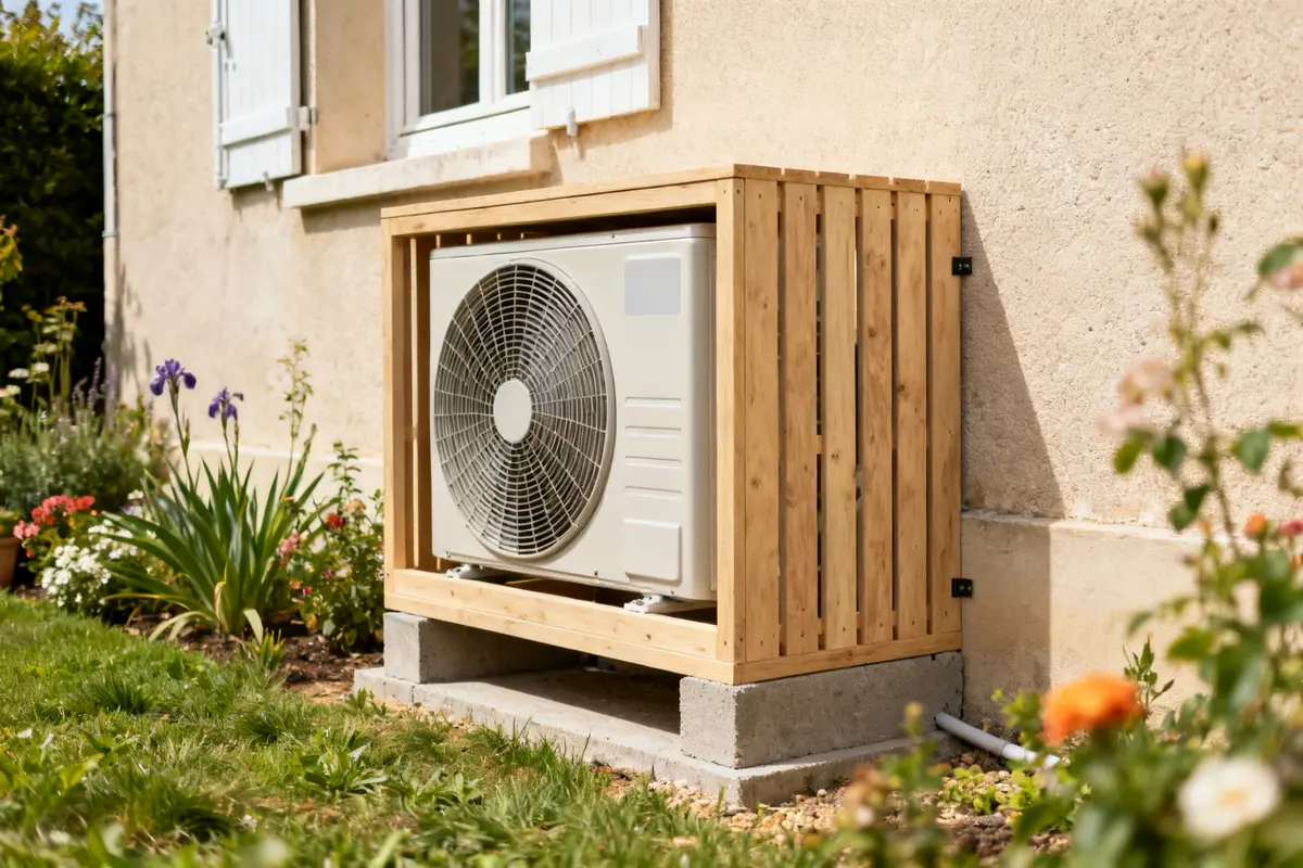 Climatiseur extérieur avec cache en bois fabriqué à la maison et entouré de plantes fleuries