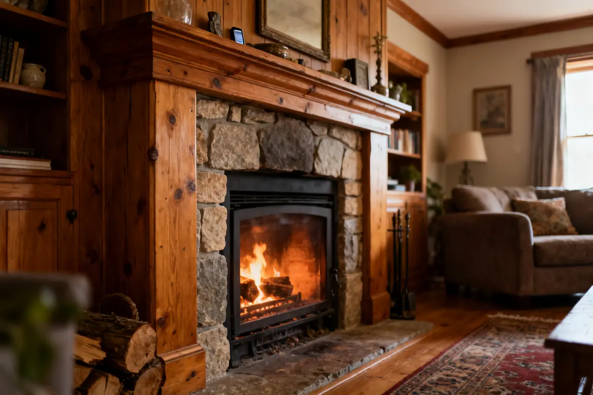 Cheminée en pierre et bois avec feu, salon chaleureux, habillage cheminee rustique et élégant