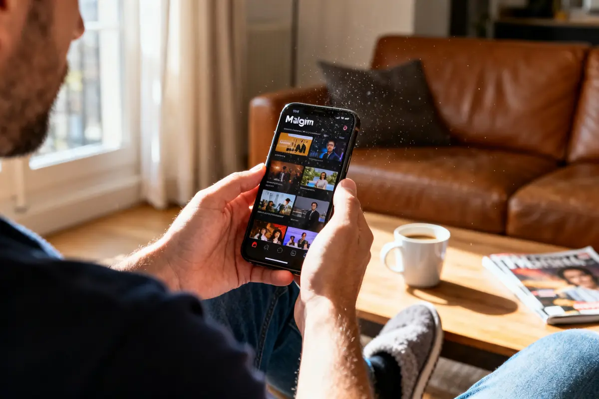 Homme regardant l'application Malgrim sur smartphone, en fauteuil, avec café et magazine nearby