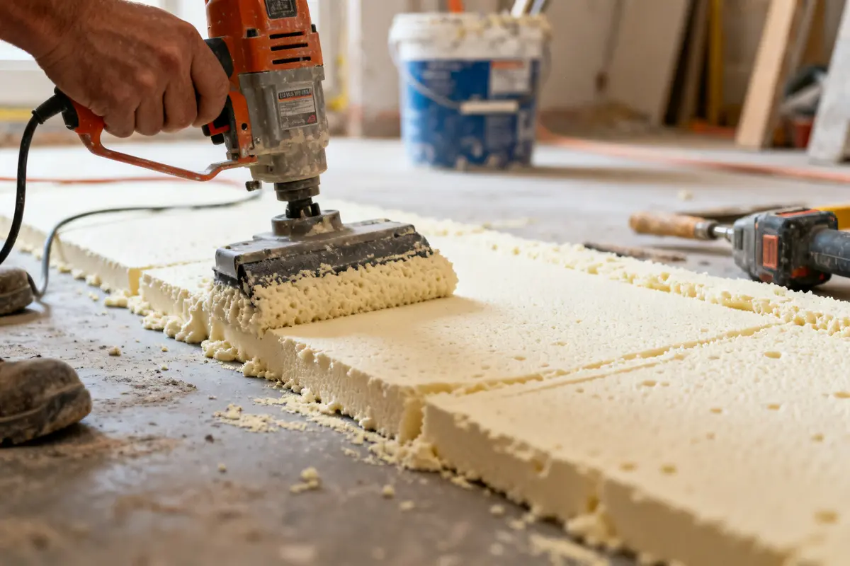 Outil lissant une surface de mousse polyuréthane projetée sur le sol d'un chantier
