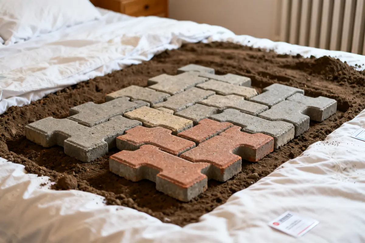 Pavés autobloquants colorés posés sur un lit de terre dans une chambre