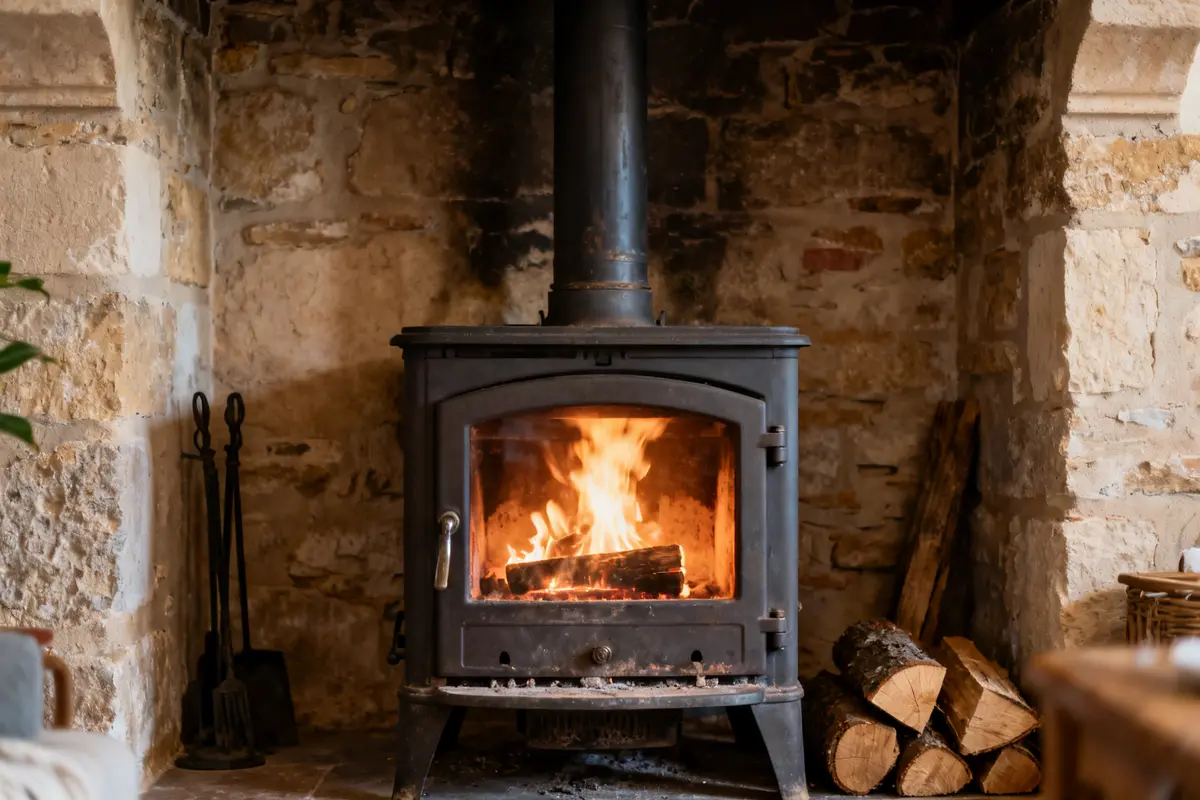 Poêle à bois dans cheminée en pierre avec feu vif et bûches empilées à côté