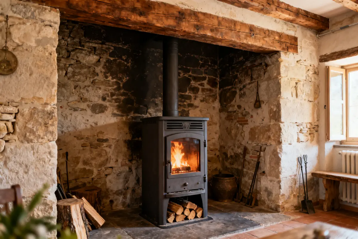 Poele a bois dans cheminée en pierre avec bois empilé et outils de cheminée