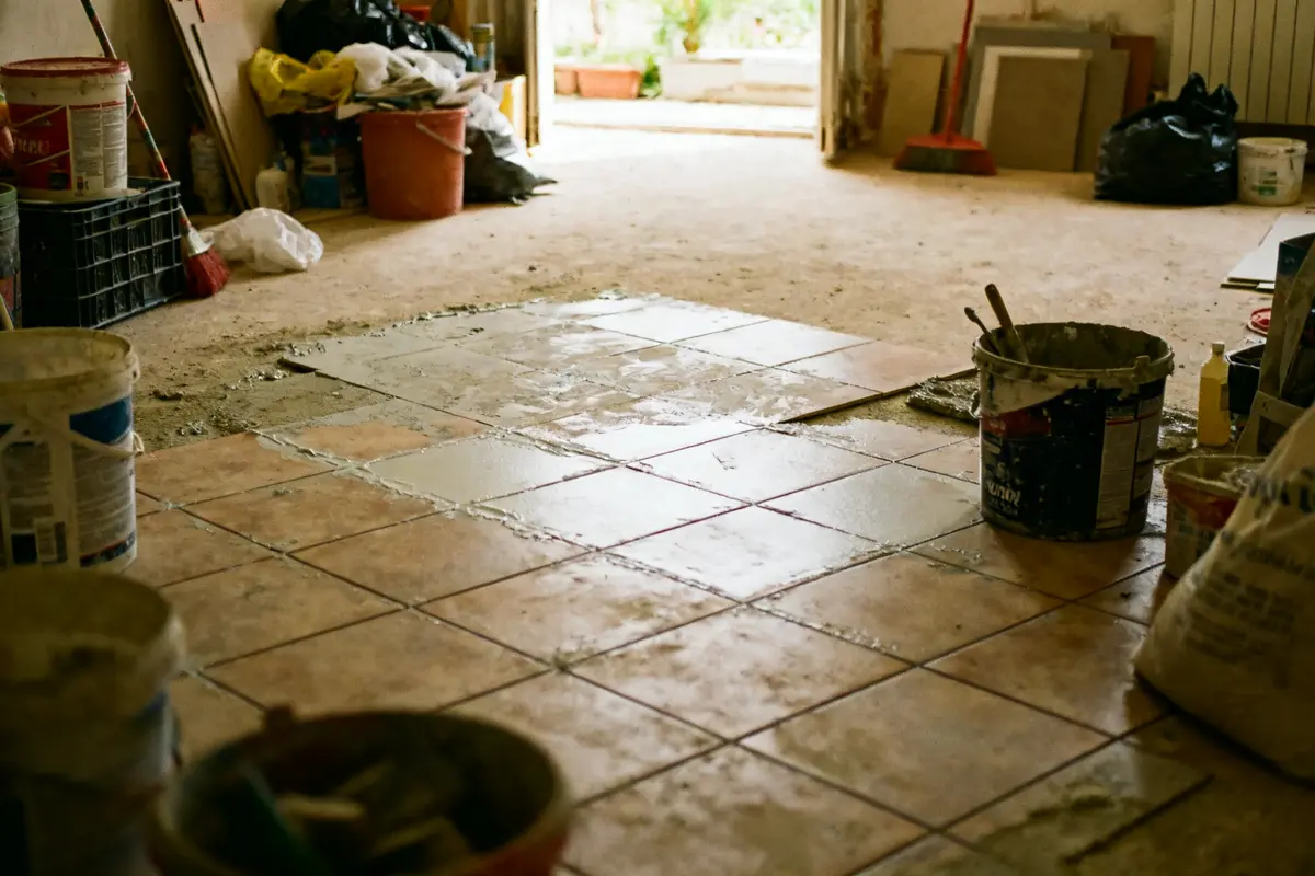 Rénovation de sol carrelage avec outils et matériaux pour poncer carrelage et rénover efficacement