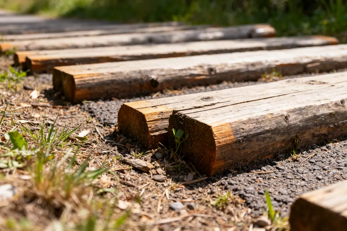 Chemin de bois en pose traverse paysagere sur sol gravillonné entouré d'herbes