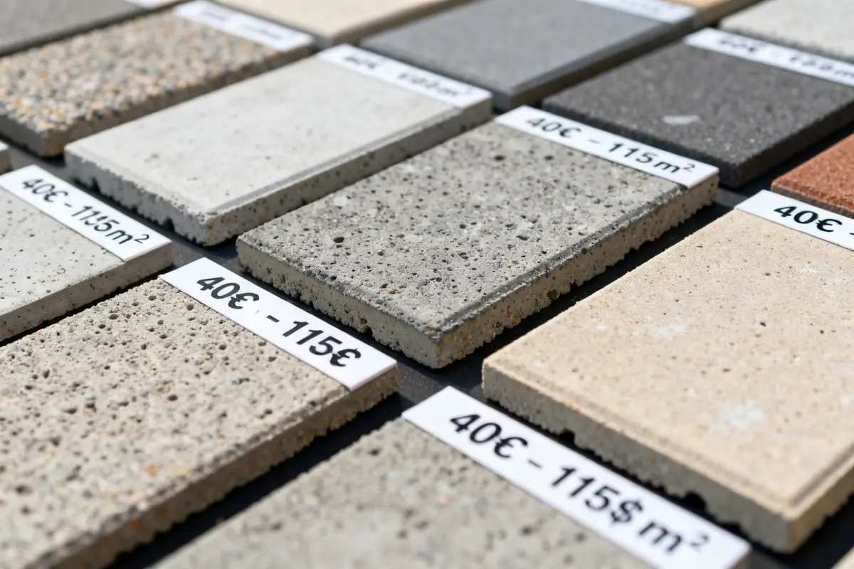 Échantillons de béton drainant avec étiquettes affichant le prix au m2 du béton drainant