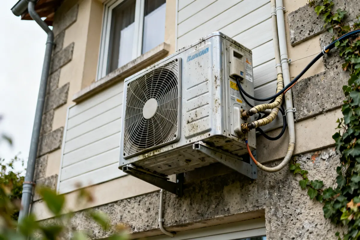 Unité extérieure de pompe à chaleur sur façade montrant prix pompe à chaleur maison 100 m2