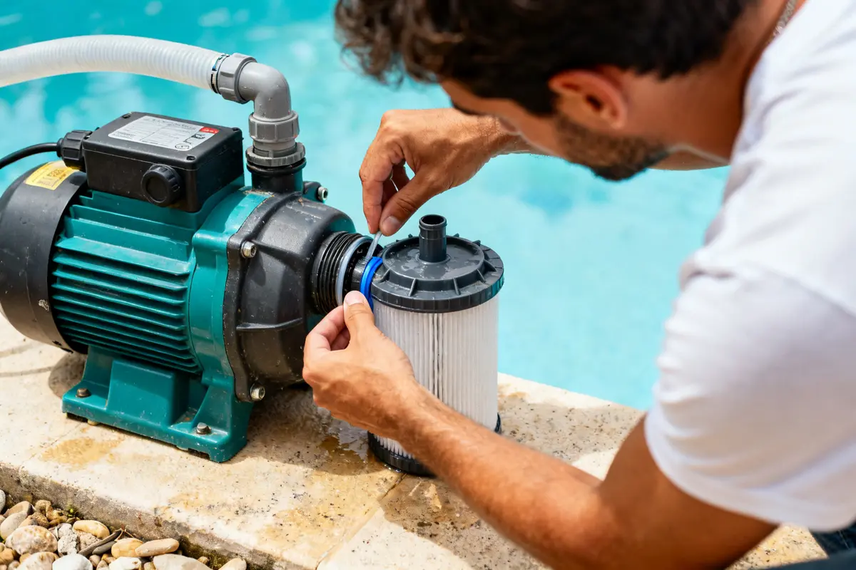 Personne travaillant à réamorcer pompe piscine avec filtre près de l'eau bleue