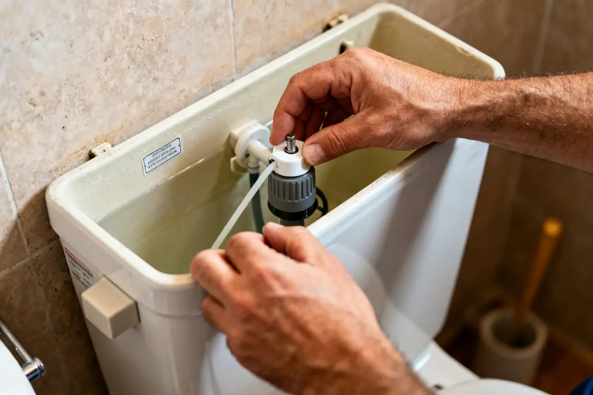 Personne réglant flotteur chasse d'eau dans réservoir WC pour un bon fonctionnement