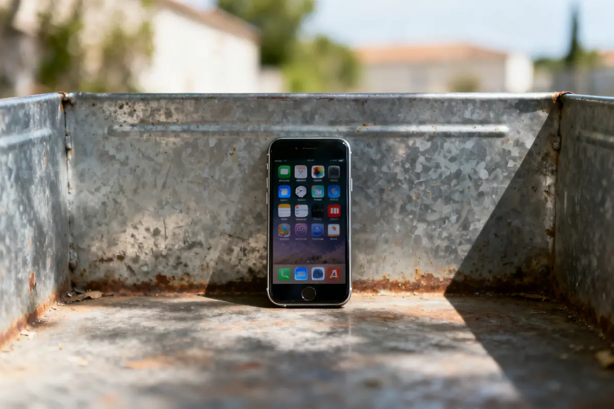 Smartphone posé sur toiture bac acier isolé avec fond flou extérieur ensoleillé