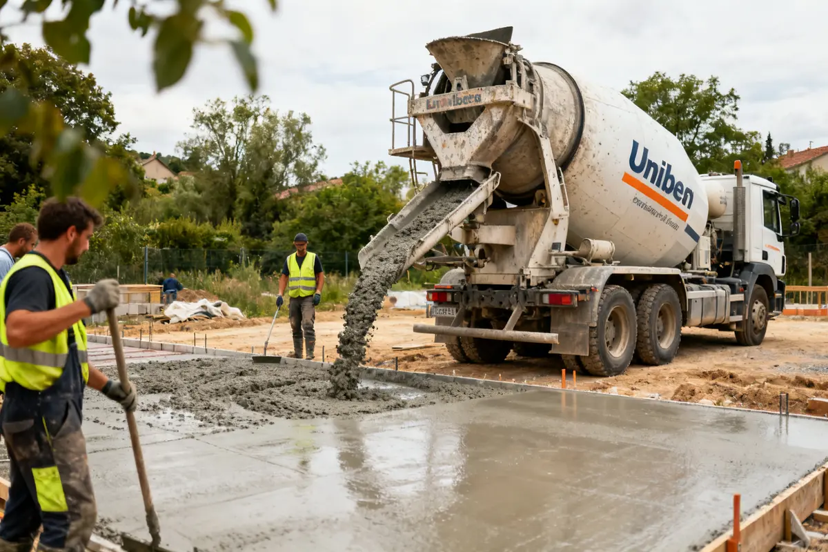 Camion Unibéton coulant du béton sur un chantier avec ouvriers en gilets jaunes