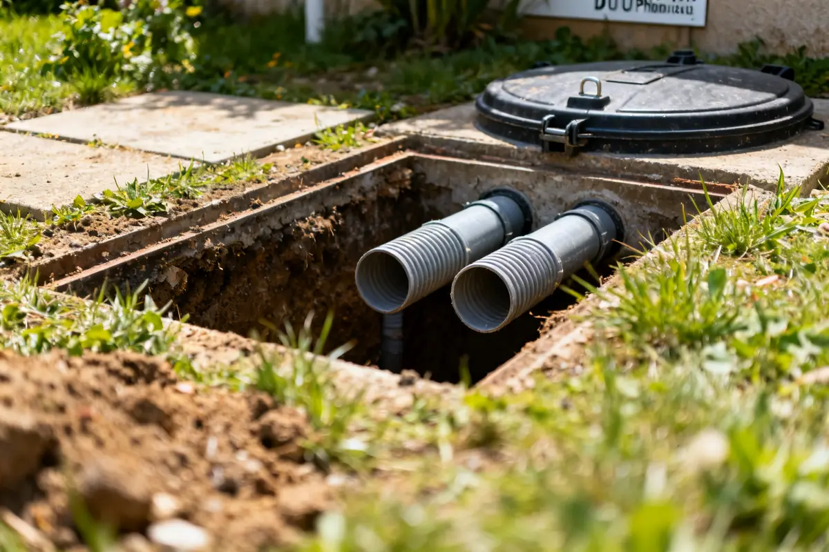 Tuyaux pour ventilation fosse septique dans une tranchée ouverte près d’une habitation