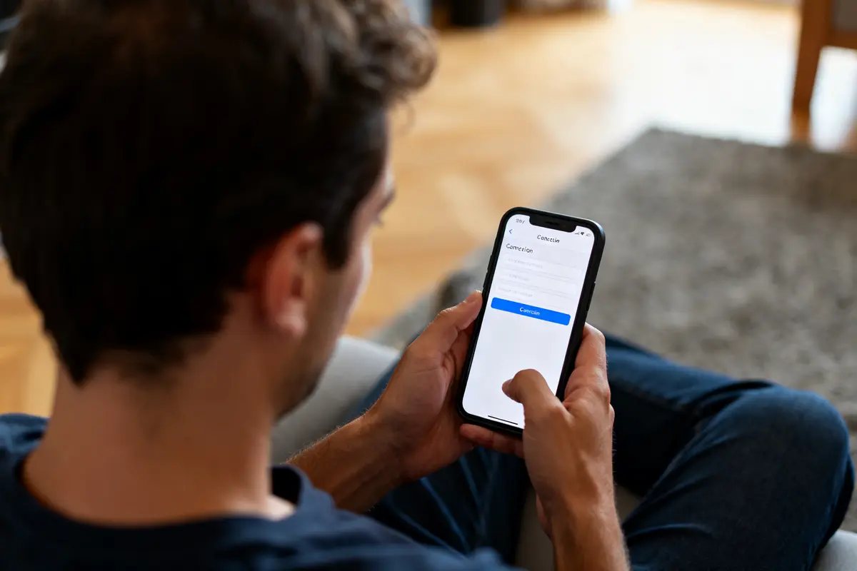 Personne utilisant son smartphone pour accéder à mes comptes CACMDS depuis une application bancaire