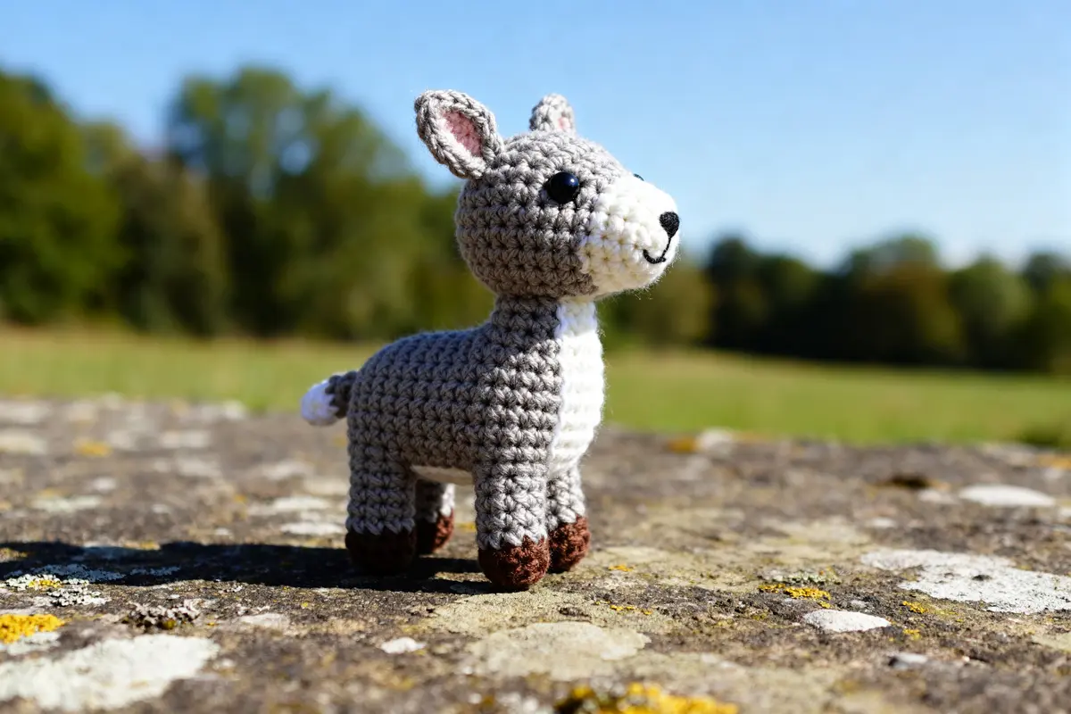Amigurumi agurimini âne gris tricoté sur fond de nature verte ensoleillée