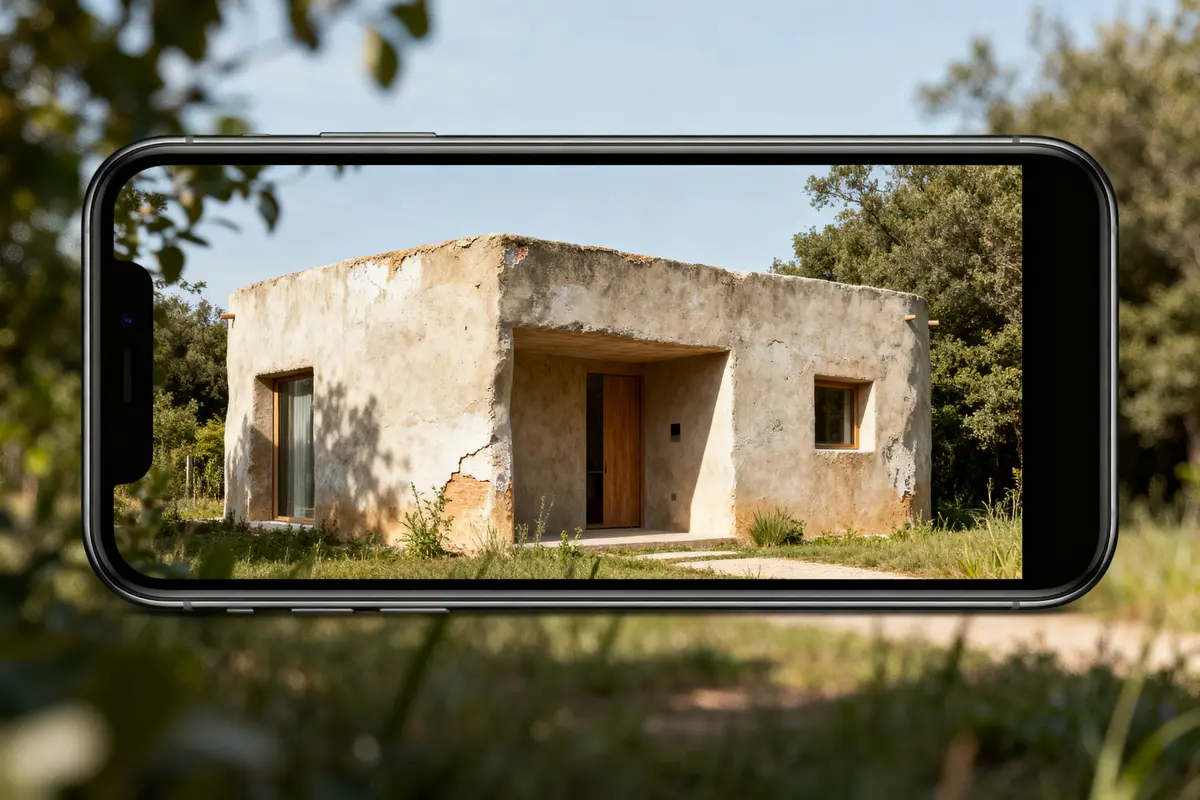 Smartphone affichant une maison en pierre rustique intégrant le concept d'archilibre en pleine nature