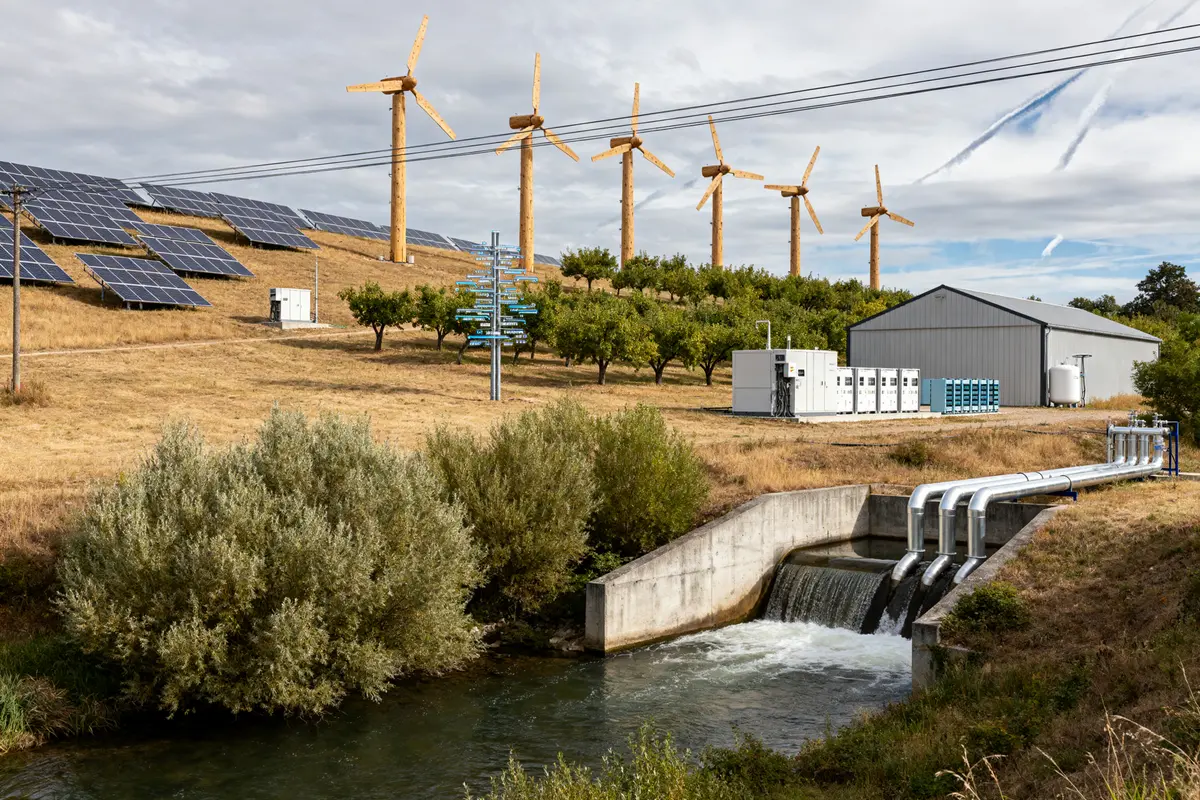 Panneaux solaires et éoliennes produisant co valence énergie dans un paysage rural verdoyant