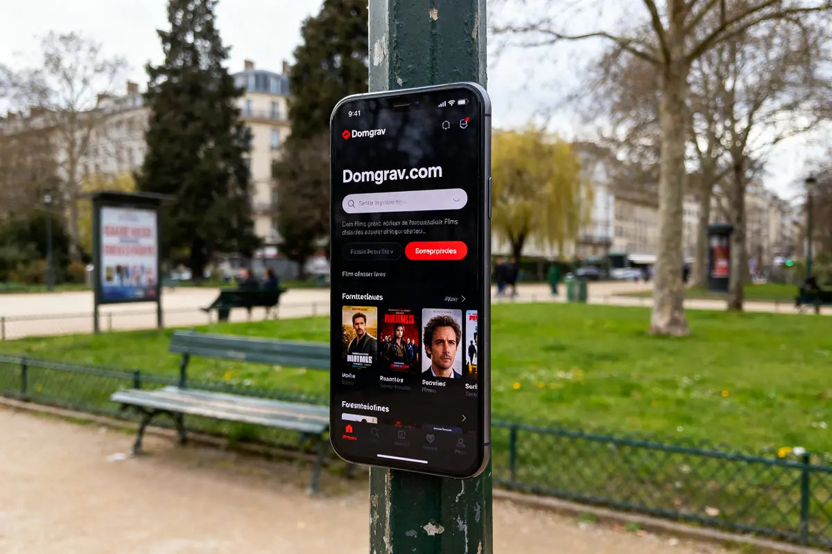 Smartphone affichant le site domgrav com sur un poteau dans un parc urbain.