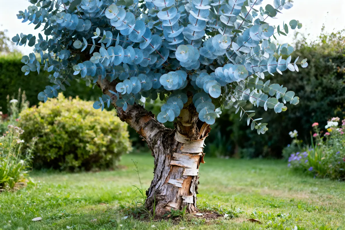 Eucalyptus gunnii aux feuilles rondes dans un jardin verdoyant et fleuri