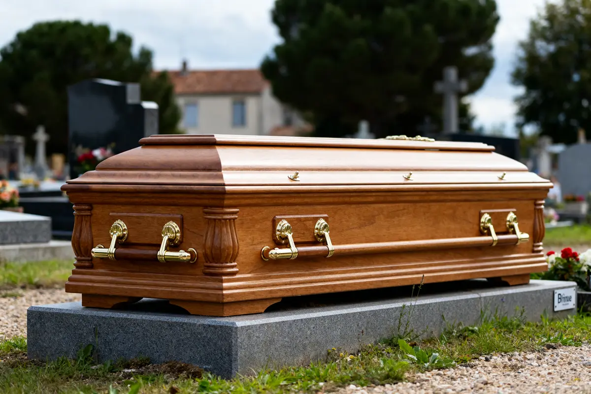 Cercueil en bois posé dans un cimetière, entouré de pierres franchassis et de fleurs.