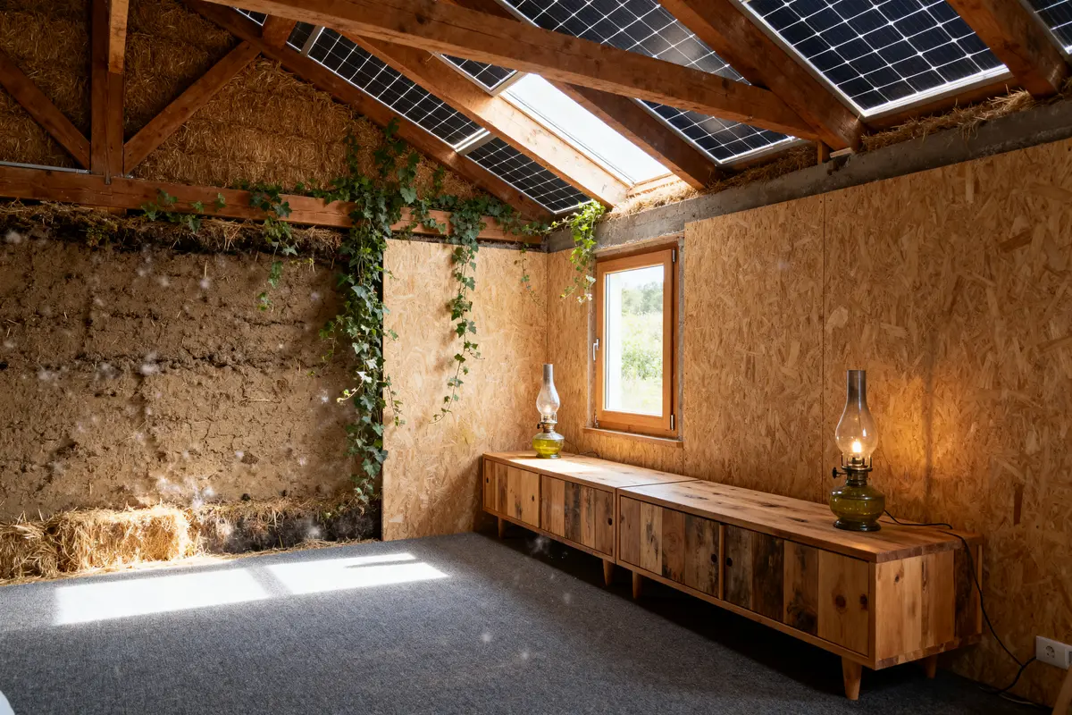 Intérieur éco-responsable avec panneaux solaires et mur en terre habitable sur habitats-durables.org