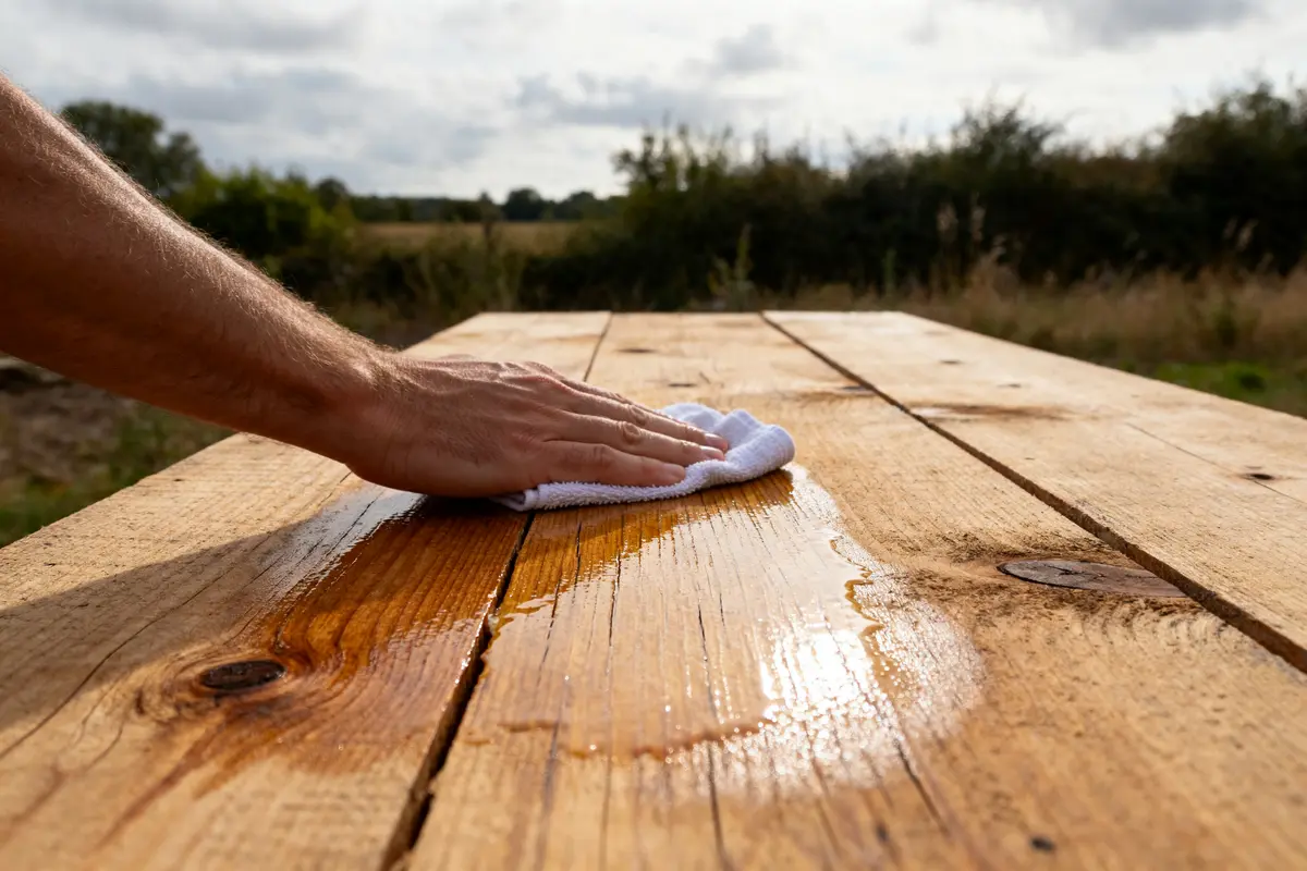 Main appliquant huile de lin pour le bois sur table en extérieur