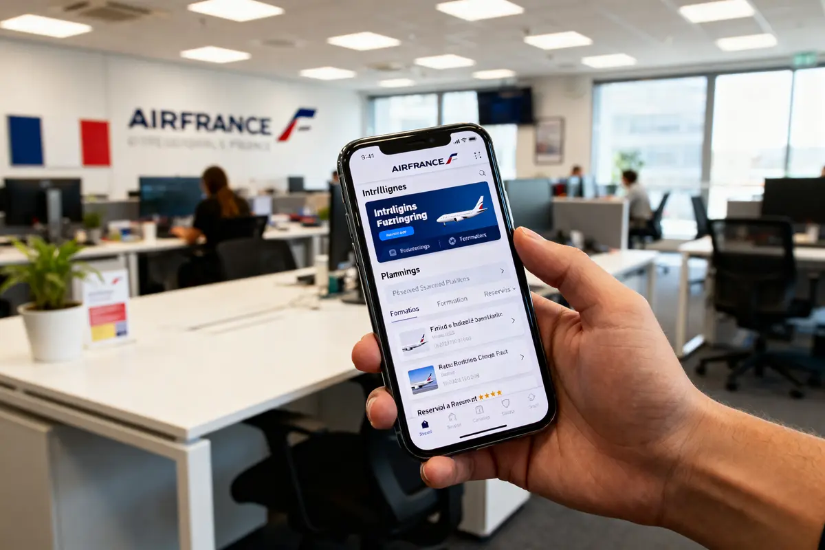 Main tenant un smartphone affichant l'application intralignes Air France dans un bureau d'entreprise