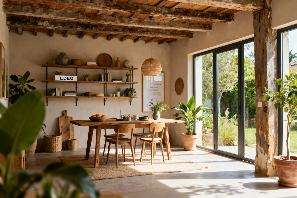 Salle à manger rustique en bois avec plantes et lumière naturelle par Ldeo Interieurs