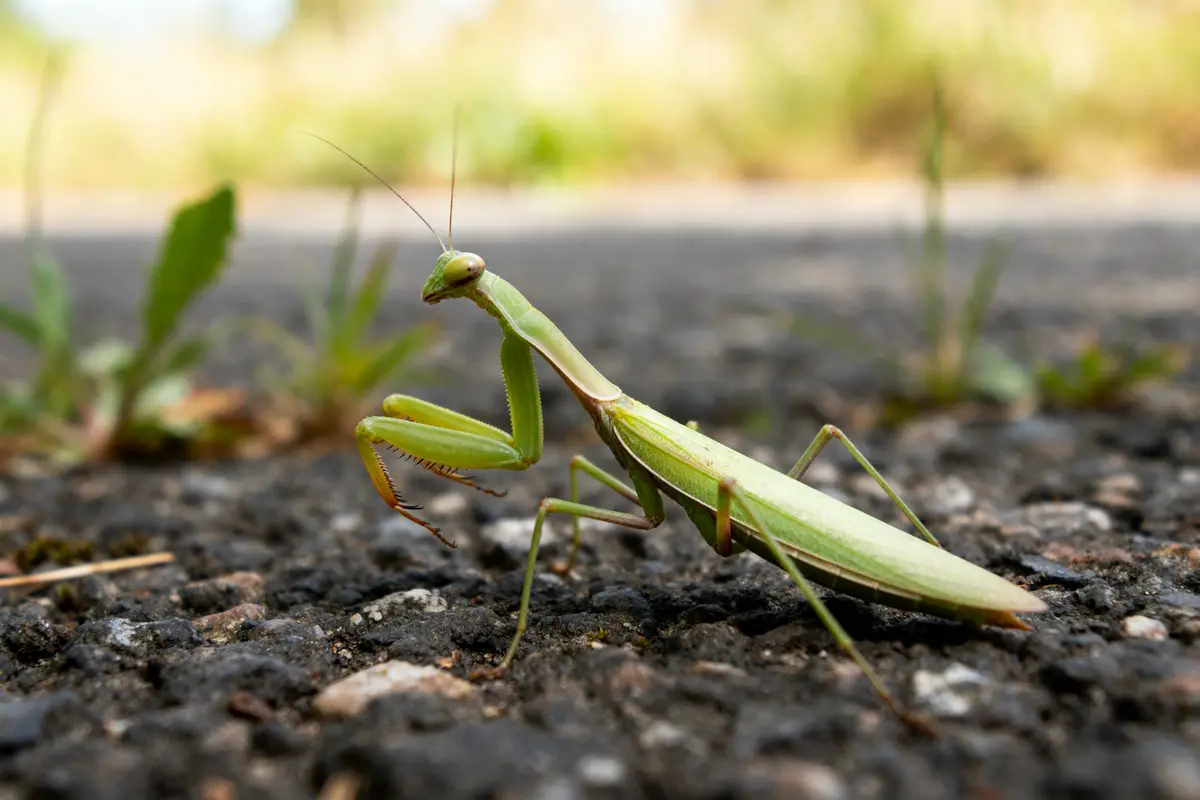 Mantis verte sur le sol asphalté avec des herbes en arrière-plan