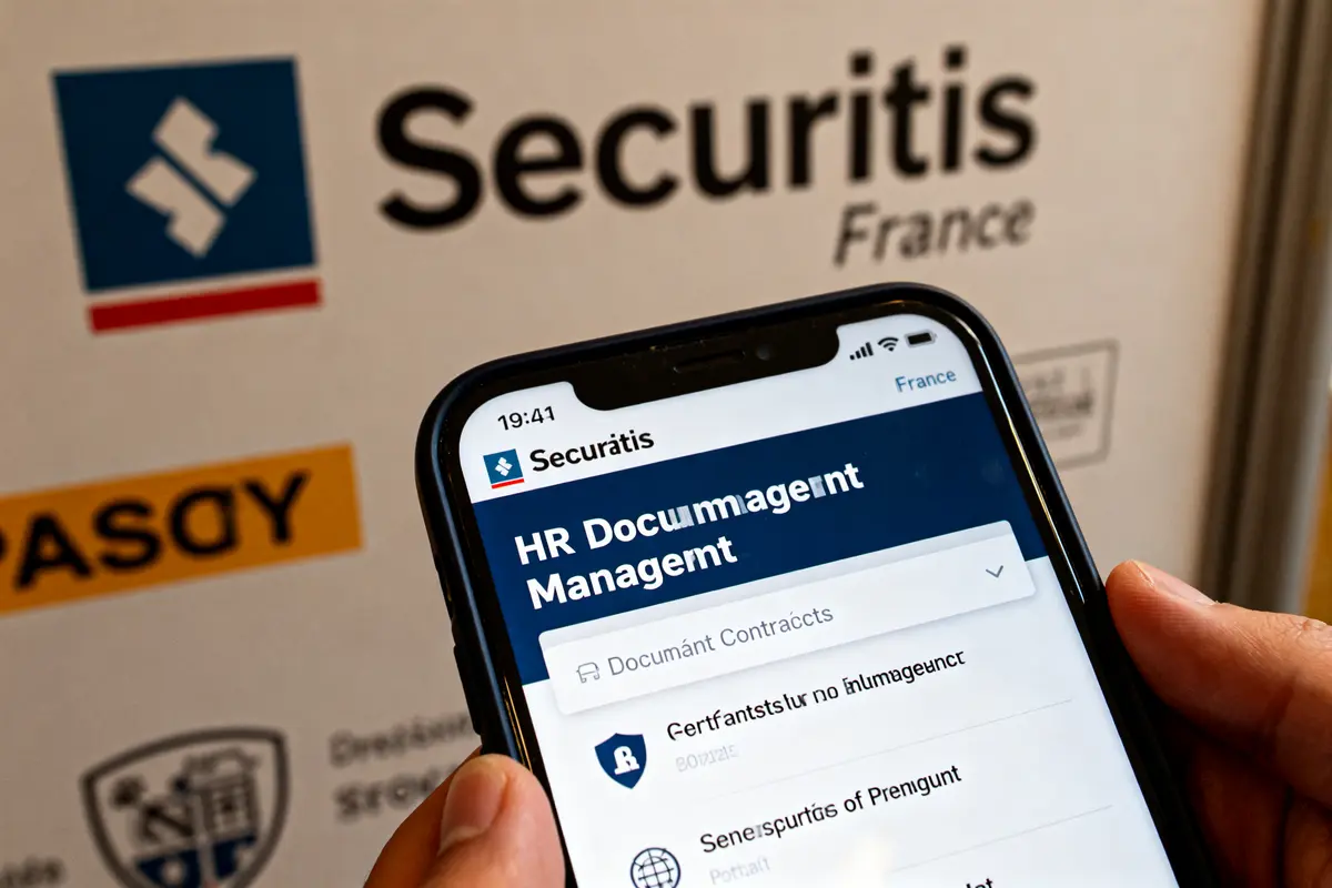Écran mobile affichant mon portail Securitas pour gestion documentaire RH, fond logo Securitas France