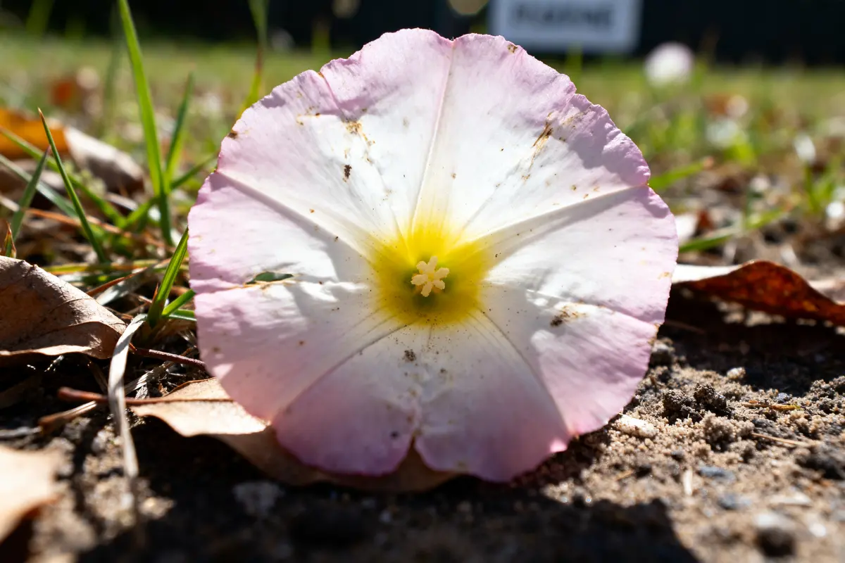 Fleur de liseron rose pâle vue de face, nom de fleur sur sol terreux