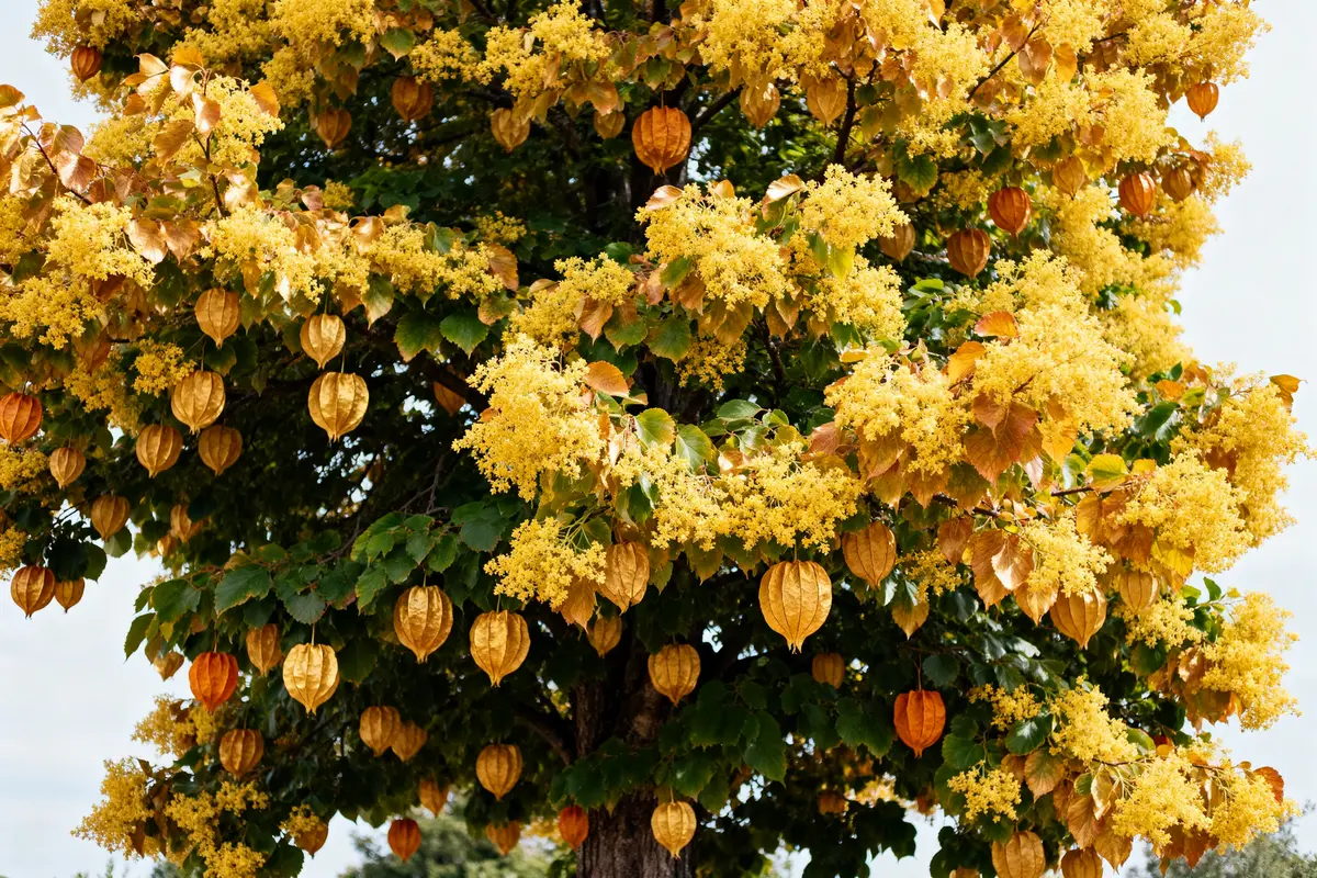 Arbre savonnier en fleurs jaune vif avec capsules dorées en été
